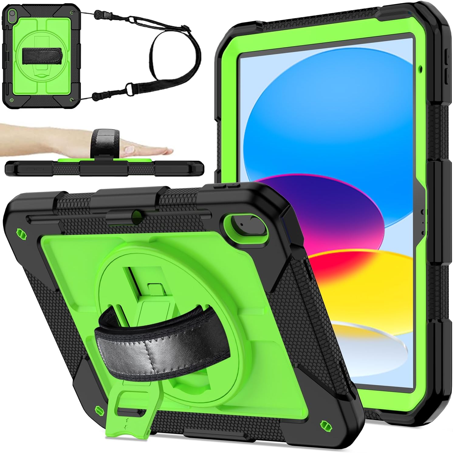 BMOUO Case for iPad (A16) 11th Generation 11" 2025/iPad 10th Generation 10.9 inch 2022, 360 Rotating Stand & Pencil Holder & Hand Shoulder Strap Shockproof iPad 11th/10th Generation Case, Green
