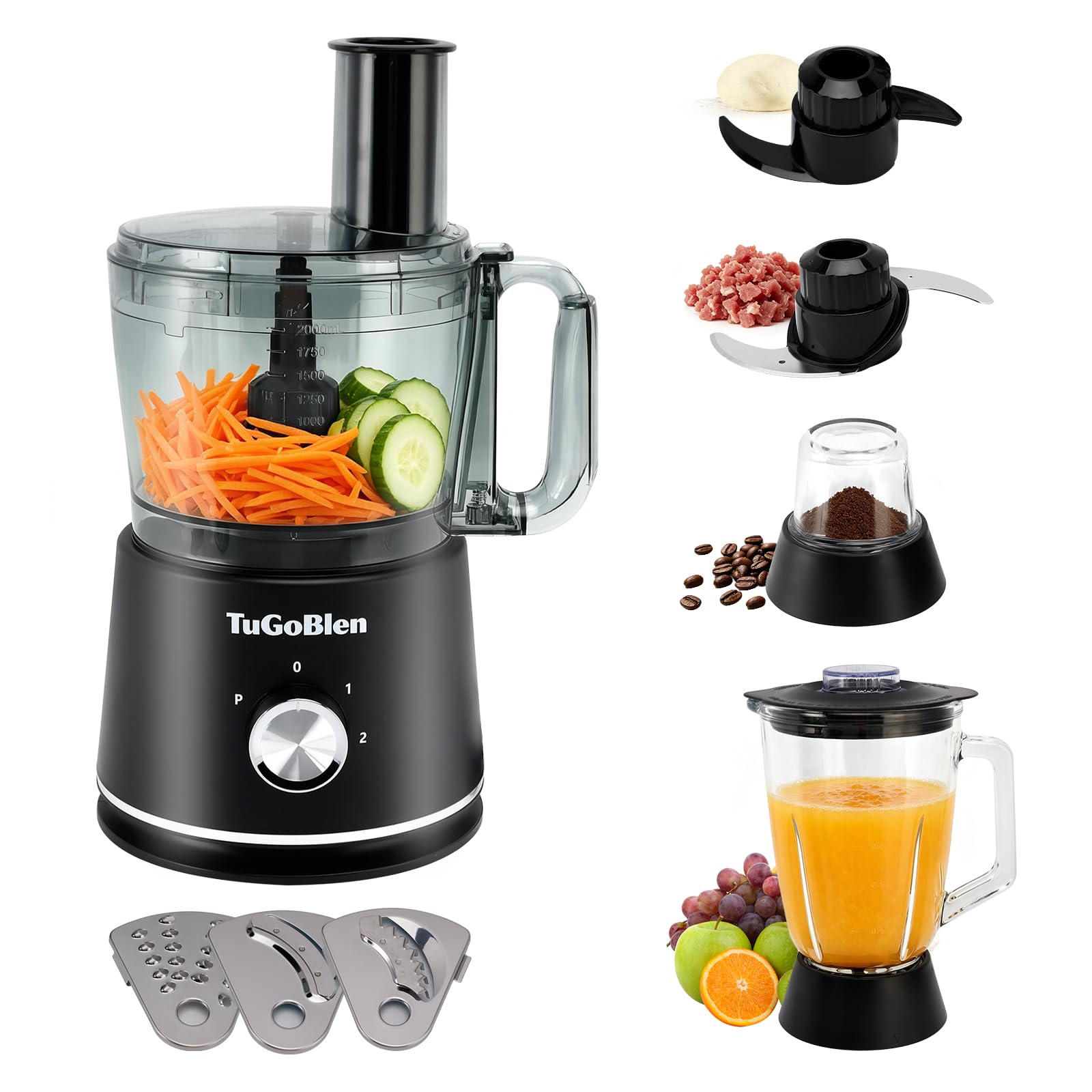 7-in-1 Küchenmaschine mit 2,5L-Verarbeitungsbehälter, 1,5L-Glasmixer, 200ml-Glasmühle, Knet- und S-Klingen, Reibe-, Schneide- und Pommes-Frites-Klingen zum Kochen,für Smoothies und Gewürze
