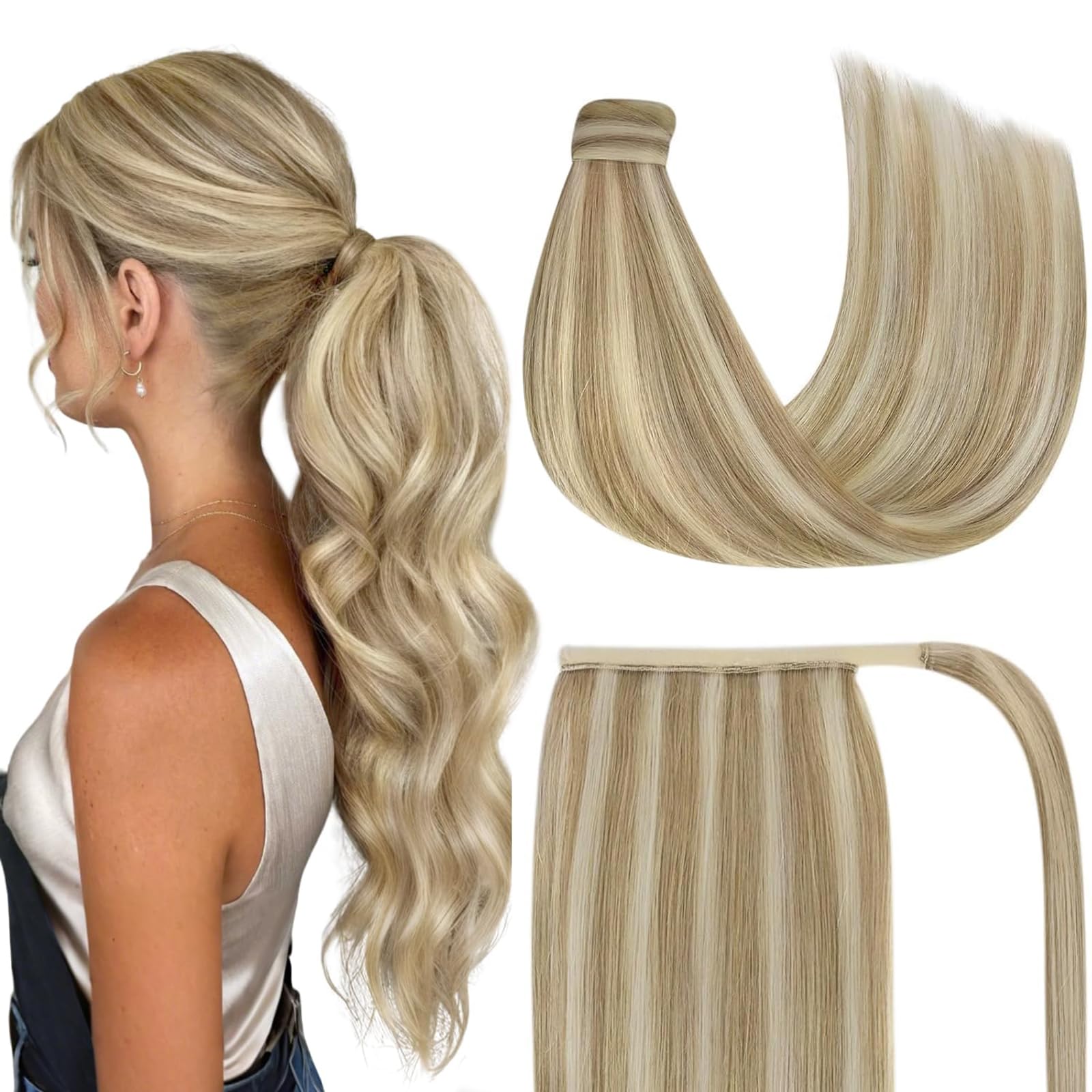 Ve Sunny Hair Extensions Ponytail Real Human Hair Wrap Around Clip in Ponytail Hair Extensions Straight Extensions Human Hair for Women Dark golden