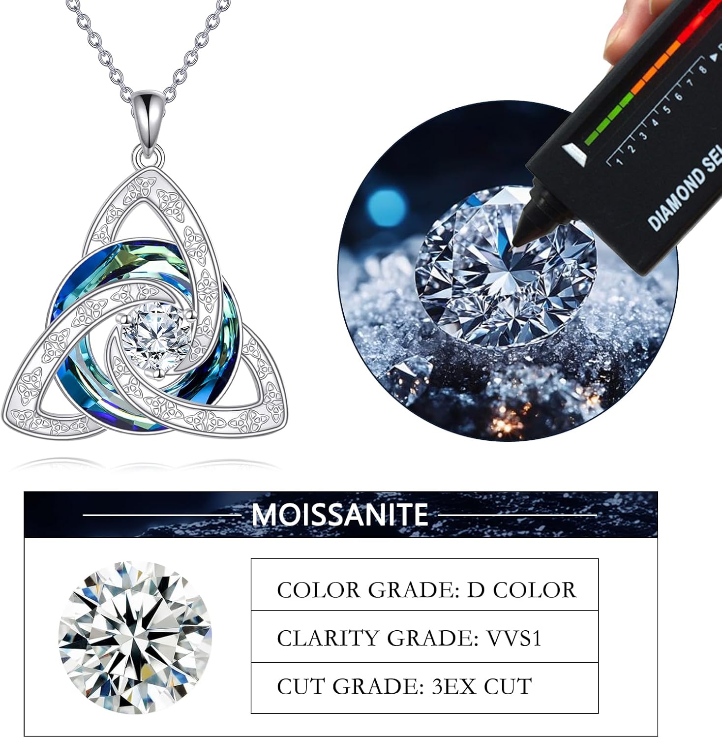Moissanite Celtic Knot Necklace Sterling Silver Trinity Knot Austria Crystal Pendant 1.5 Carat Moissanite Jewelry Gifts for Women Men - Image 6