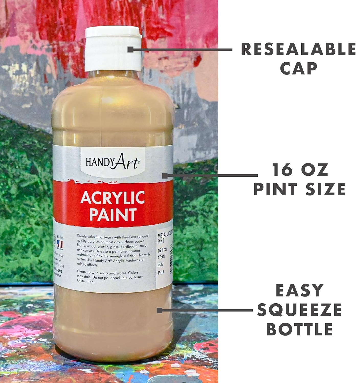 Handy Art Acrylic Paint, Metallic Gold, 16 oz Bottle, Semi-Gloss Student Fluid Acrylic, Creamy Flow Consistency, Rich Brilliant Color, Highly Pigmented, Certified Safe & AP Non-Toxic, Made in USA
