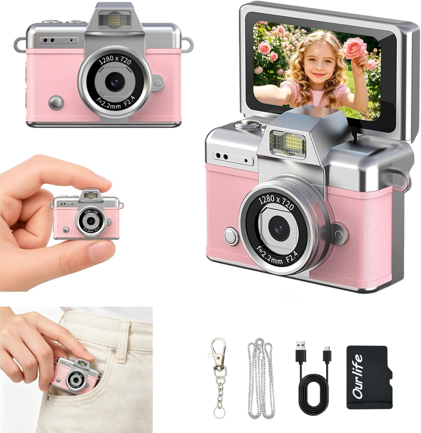Mini Keychain Digital Camera 2MP Portable Pocket Camera with Flip Screen 1080P Small Camera with 32GB Card for Kids,Travel,Beginners,Party Built-in Filters 2H Battery Rechargeable Pink (Brown)