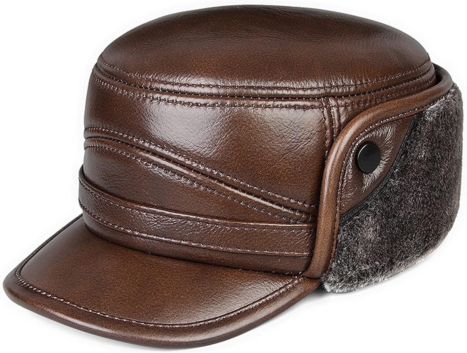 Winter Hats,Bomber Hat Men's Leather Trooper Trapper Hat Faux Fur Bomber Cap with Ear Flaps Winter for The Elderly,Brown-7-7 1/8