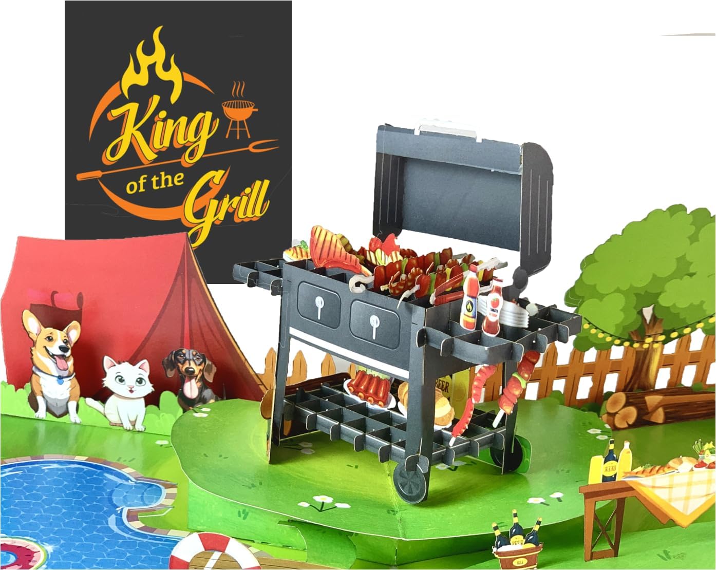 BBQ Grill 3D Greeting Fathers Day Card, Fathers Day Pop Up Card, Birthday Card for Dad, Husband, Grandpa, Brother, Pop Up Birthday Cards for Men, Him, Grilled Meats, Dog, Picnic Card