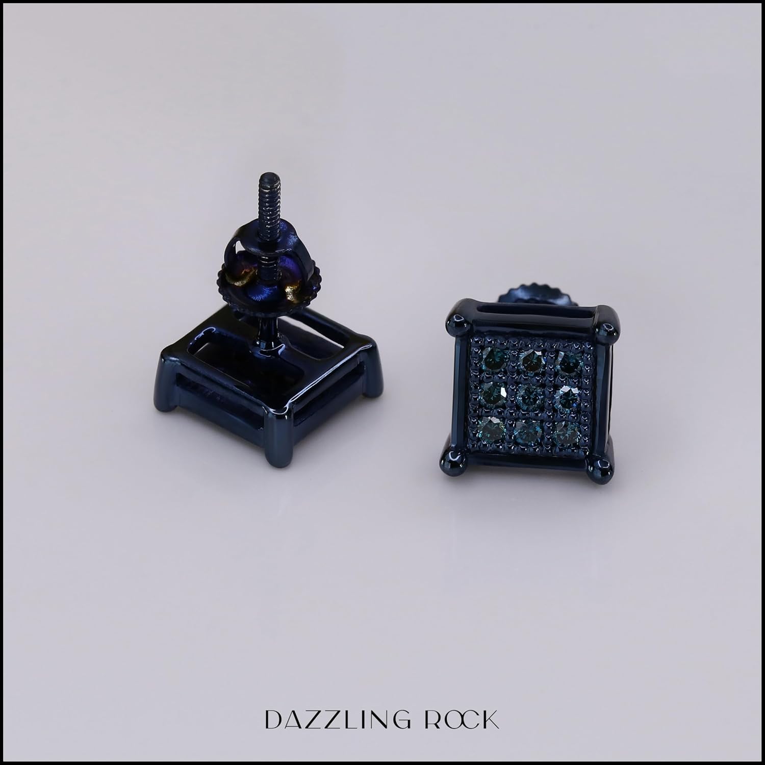 Dazzlingrock Collection 0.25 Ctw Round Blue Natural Diamond 8mm Square Hip Hop Iced Out Studs in Blue Plated 925 Sterling Silver, Unisex Design Ladies,Mens Real Natural Diamond Earrings