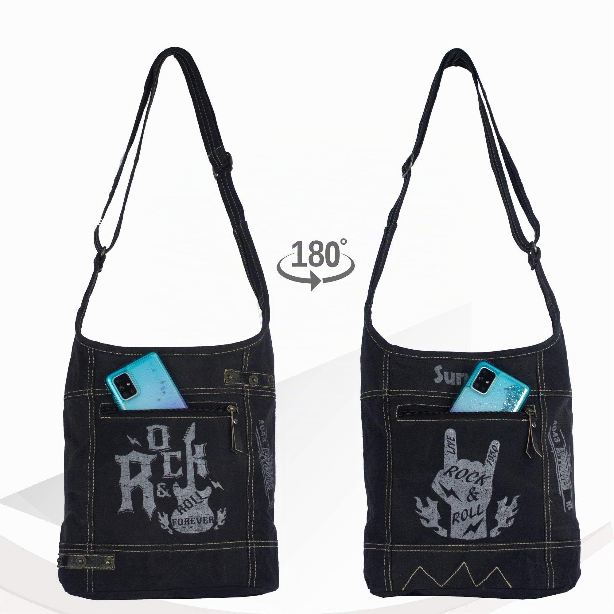 Sunsa Damen Hobo Tasche/Umhängetasche, aus Canvas. Nachhaltige Produkte, Groß Stoff Crossbody Bag, schwarze Schultertasche mit ROCK druck, Geschenkideen für Frauen/Mädchen