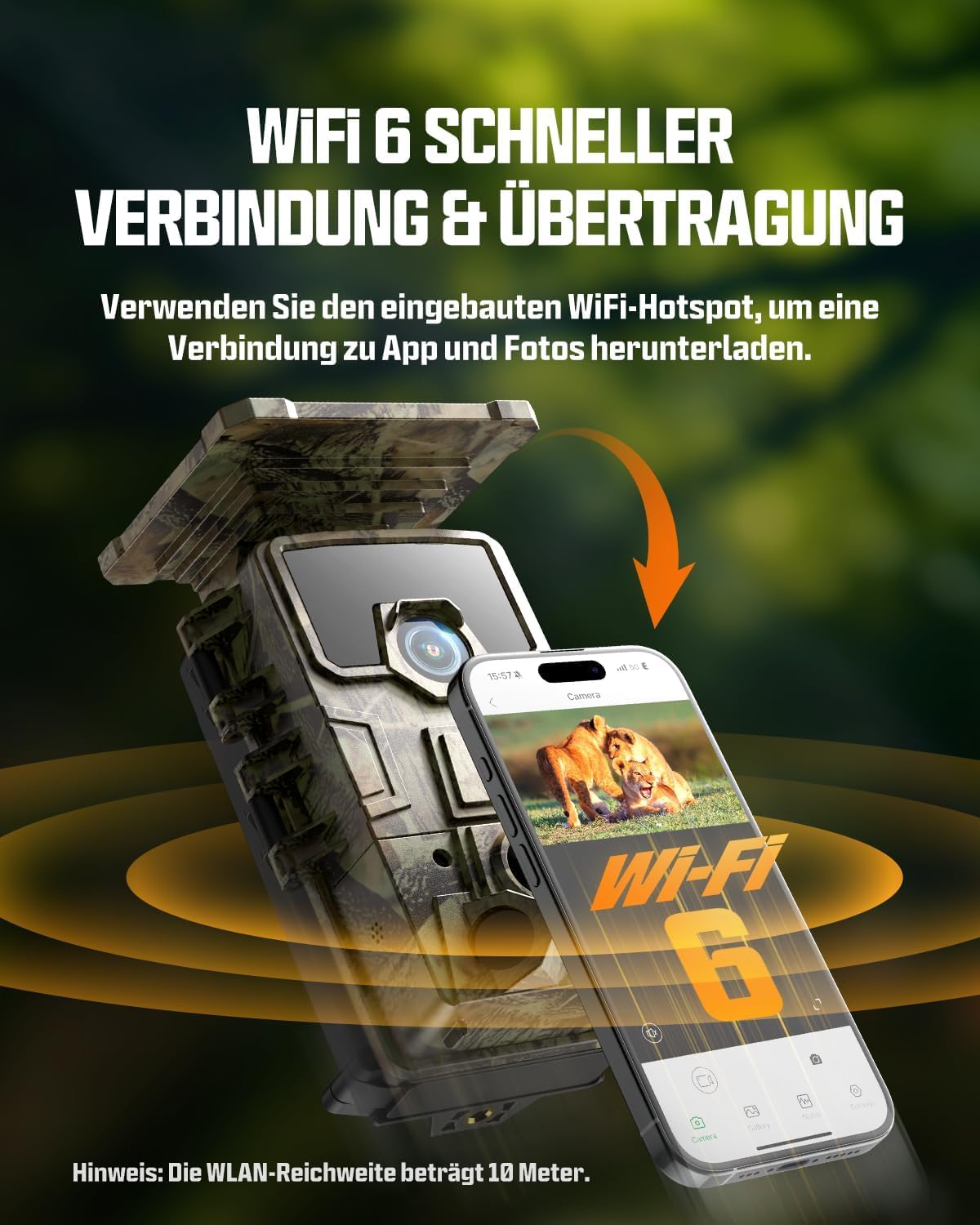 CEYOMUR 4K 30fps 64MP Wi-Fi 6 Wildkamera mit Handyübertragung App, 120° Erfassungswinkel, 0,1s Auslösezeit, 5200mAh Akku, 64GB SD-Karte, IP66 Wasserdicht