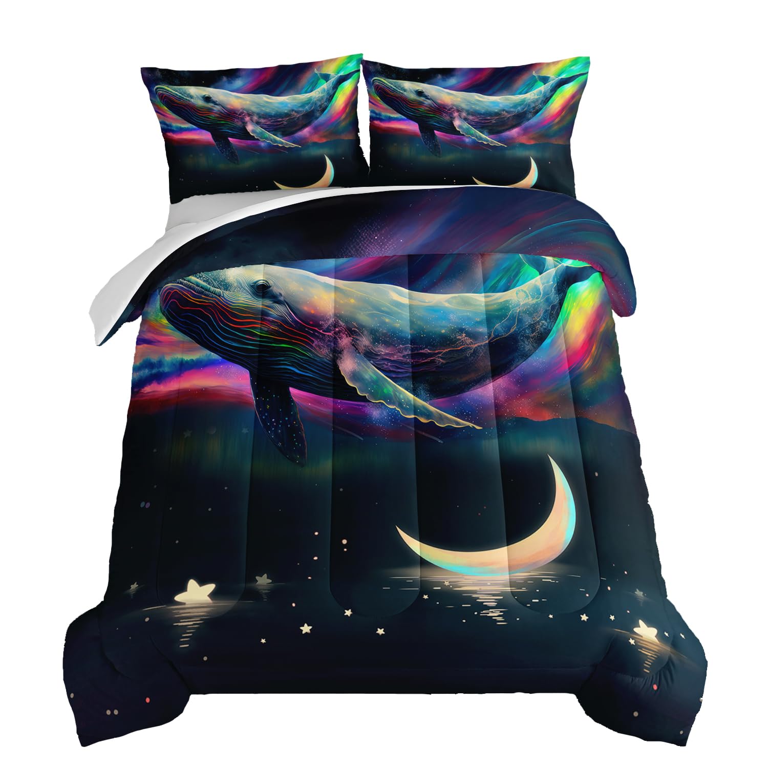 HOSIMA 3D Whale Galaxy Bedding Comforter Sets,Stars Moon King Size Comforter Set Starry Room Decor Aesthetics for Adults Kids,Ocean Theme Marine Life