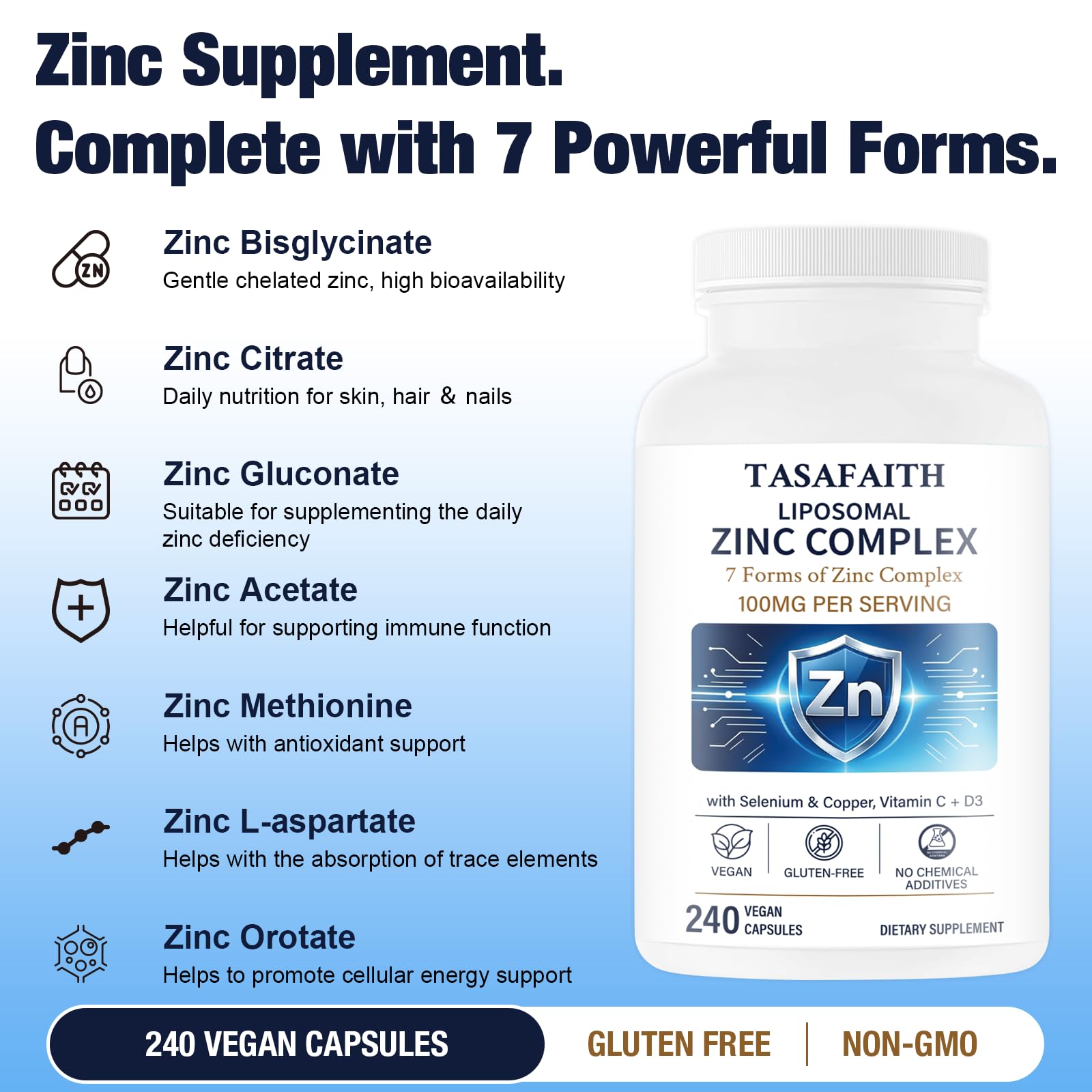 7-Form Zinc Supplement 100mg, Highly Absorbable, 240 Capsules — Amazon image 3