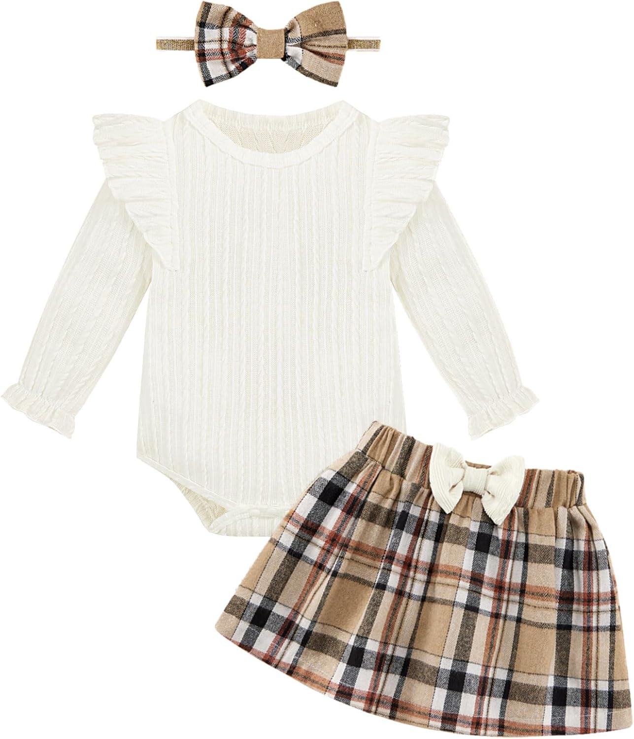 Weixinbuy Baby Girls Fall Outfits 3-Piece Set Long Sleeve Romper & Plaid Skirt Headband Soft Snap Closure 0-18M