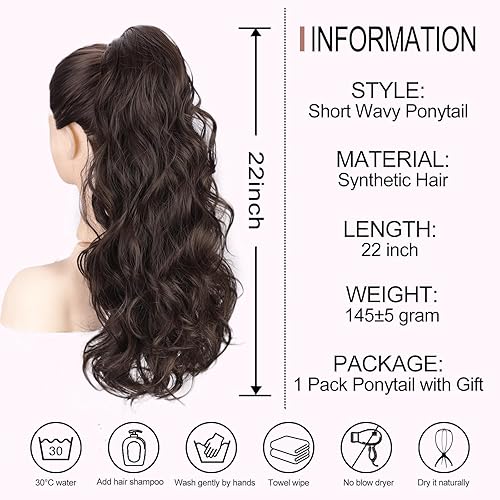 Miniatura 3 de AISI BEAUTY Extensión de cola de caballo ondulada larga de 22 pulgadas, color marrón oscuro, con cordón, para mujer, cola de caballo sintética de