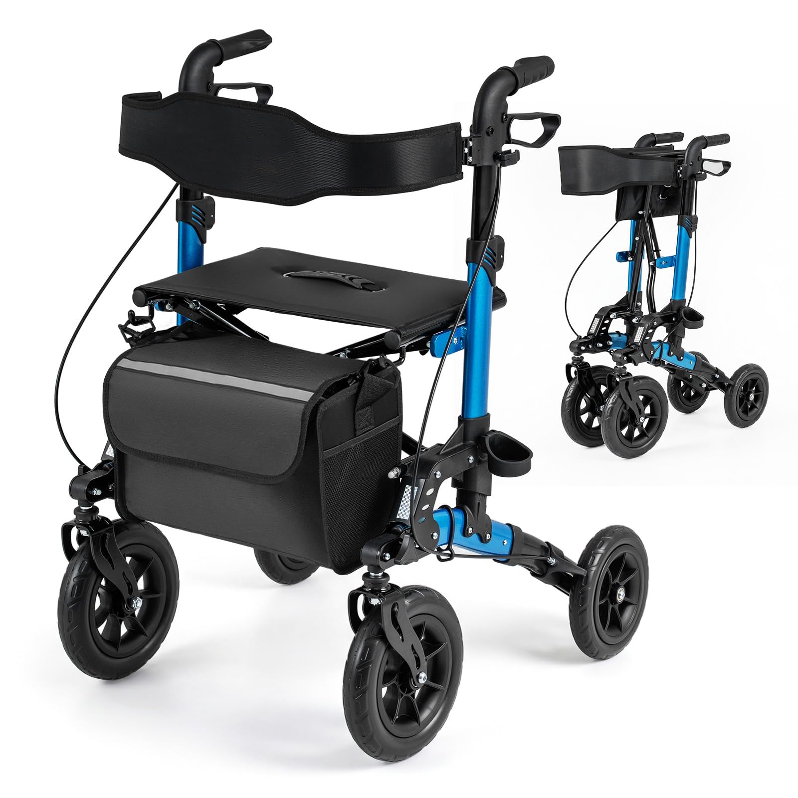 COSTWAY 2 en 1 Andador para Ancianos Plegable, Andadores Adultos con Asiento, Respaldo, Suspensión de Muelles, Soporte para Bastón, Almacenamiento, Caminadores para Mayores con 4 Ruedas (azul)
