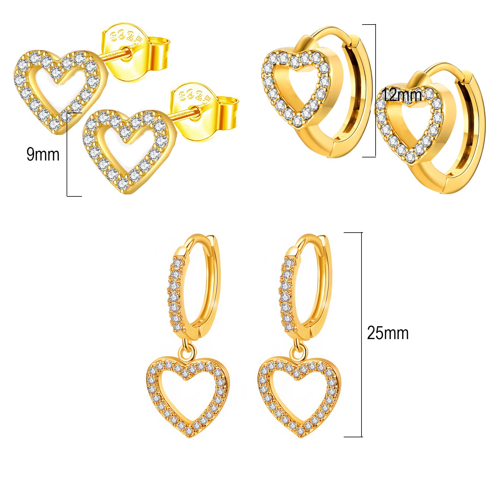3 Paia Orecchini a Cerchio con Cuore Pendenti Argento Sterling 925 Orecchini Oro Cuore da Donna Piccoli Orecchino in Oro per Donna Ragazze con Scatola