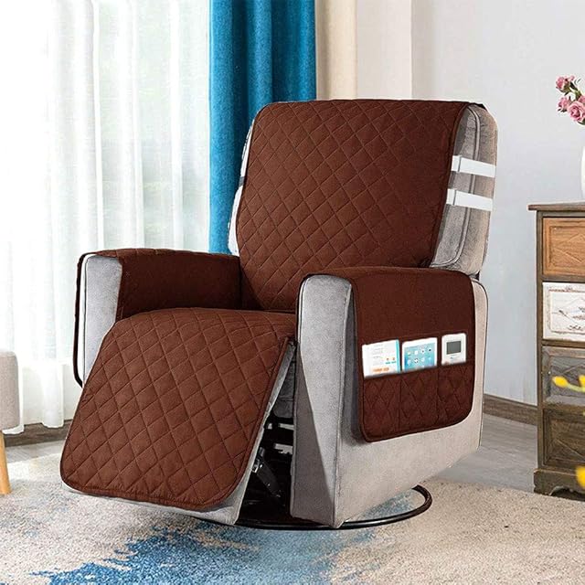 Recliner Sofa Cover, Sofa Slipcover, Furniture Protector for Recliners Chair Armchair Coves with Adjustable Elastic Straps & 6 Side Storage Pockets, Anti Stain & Hair Protect from Pets, Kids (Coffee)