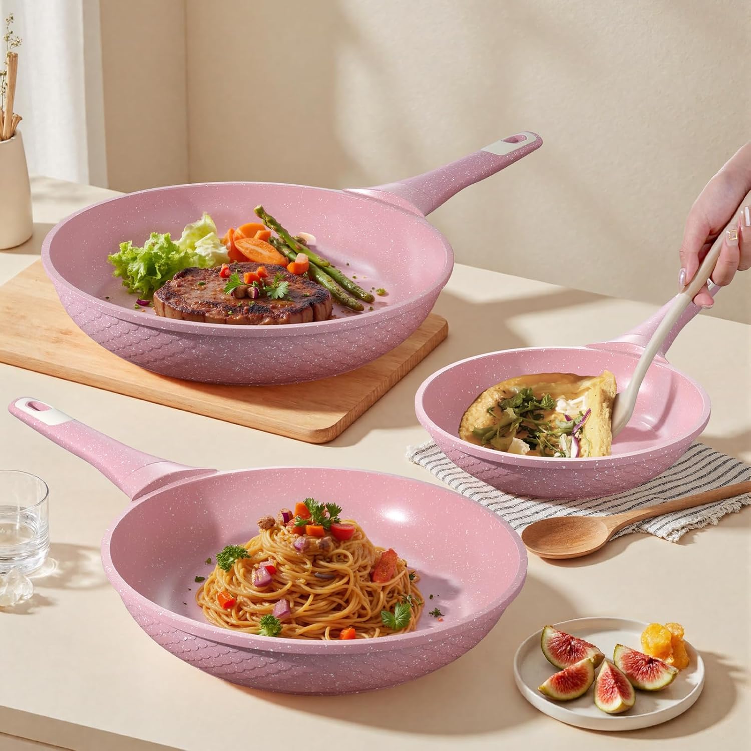 8 Inch Non Stick Frying Pans with Lid - 100% PFOA PFAS Free, Super Nonstick, All Stovetop Compatible Induction Gas Electric, Omelette & Egg Pan, Dishwasher Safe, Eco-Friendly Pink Pan - Image 6