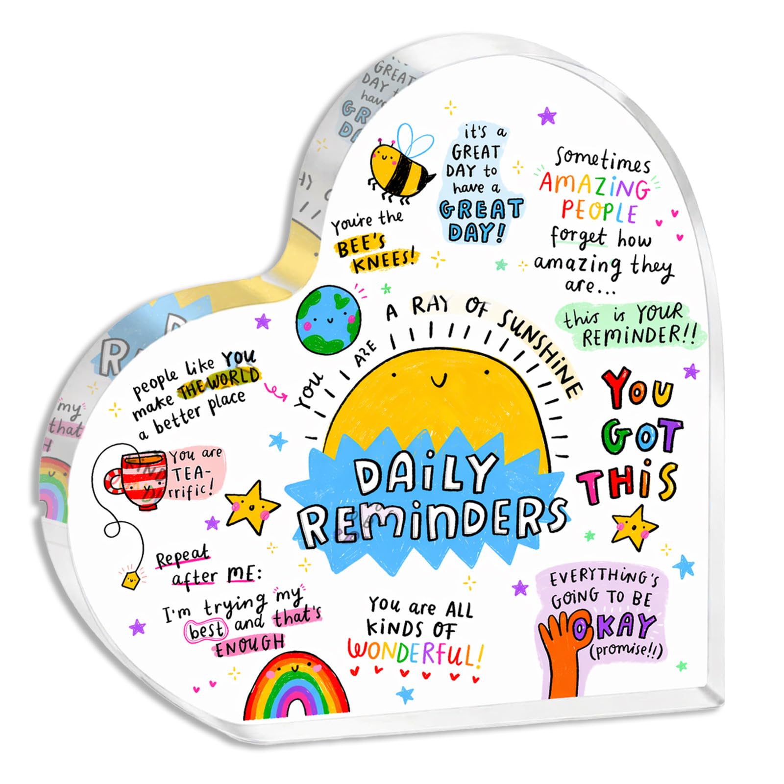 AIKOBAA Daily Reminders Acrylic Heart – Positive Affirmations Desk Decor, You Are a Ray of Sunshine, Bee’s Knees, Tea-rific, You Got This, 10x10cm Self Care Gift