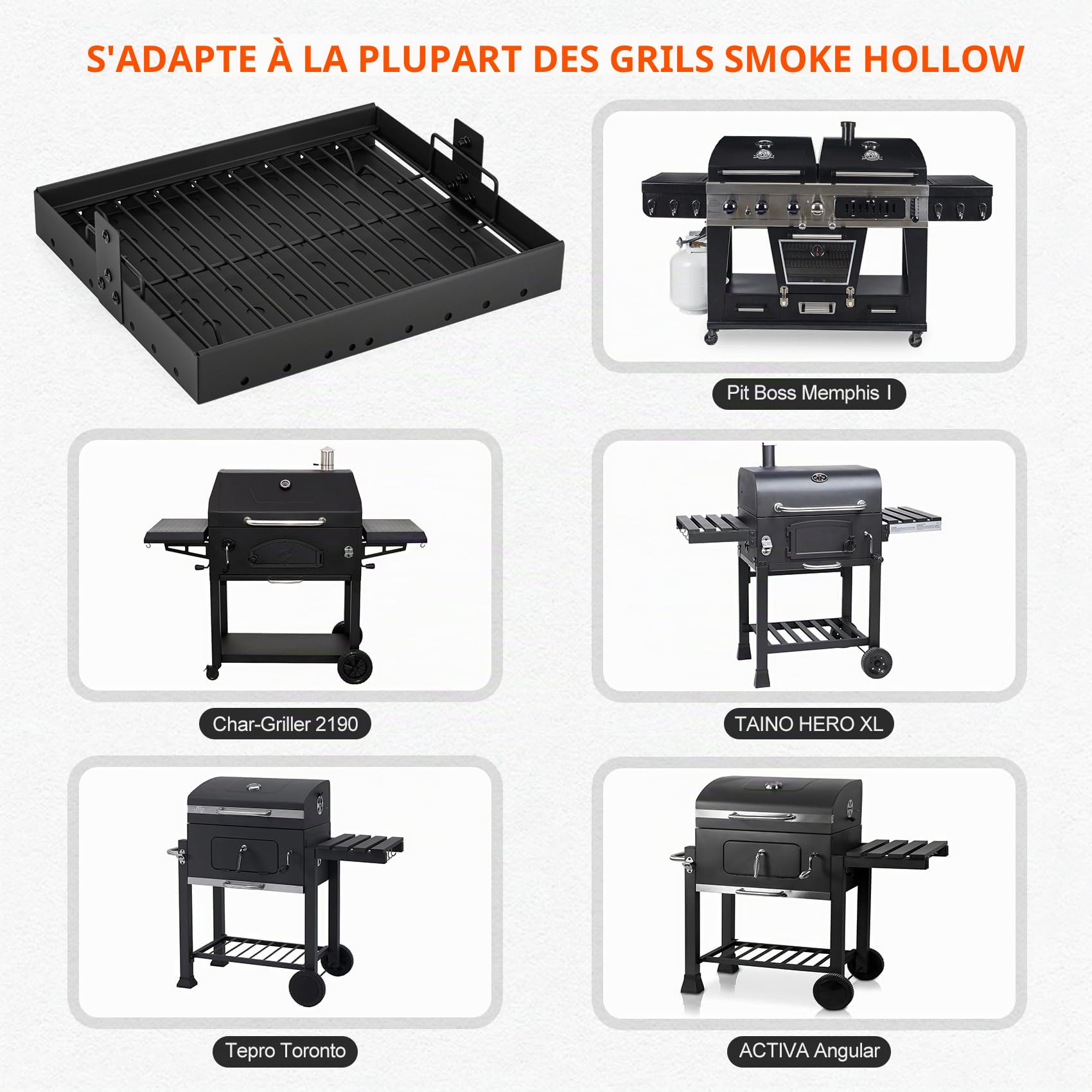 Bac à Charbon pour Barbecue Réglable 38.5-73 cm, Plateau en Acier, Pièce de Rechange Tepro Toronto, Taino Hero XL, Activa