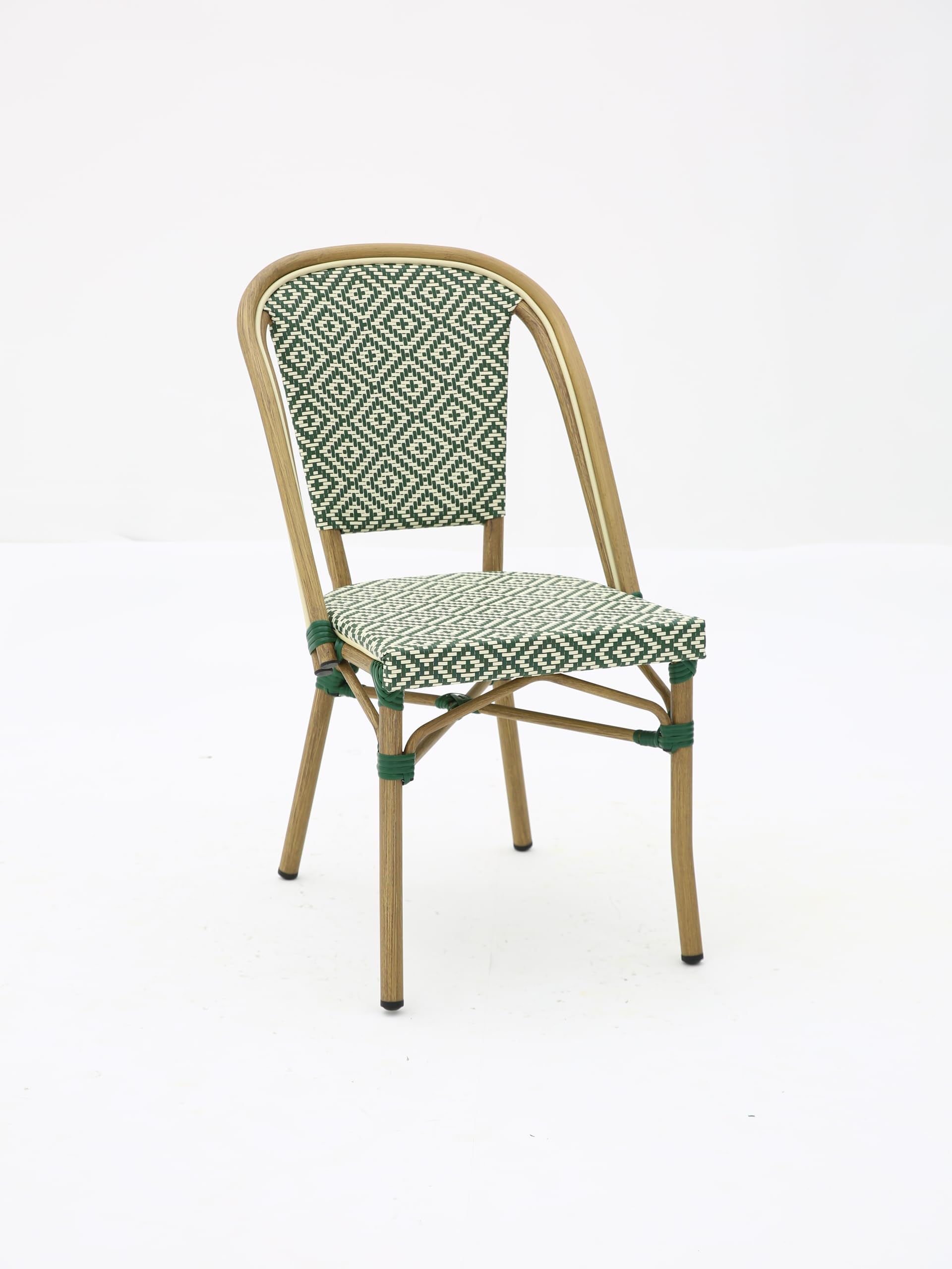 Chaise Bistrot Extérieur Intérieur Empilable – Structure Aluminium Aspect Bambou – Assise et Dossier en Textilène Tressé – Style Terrasse de Café Parisien – Jardin, Balcon, Restaurant (Vert+Beige)