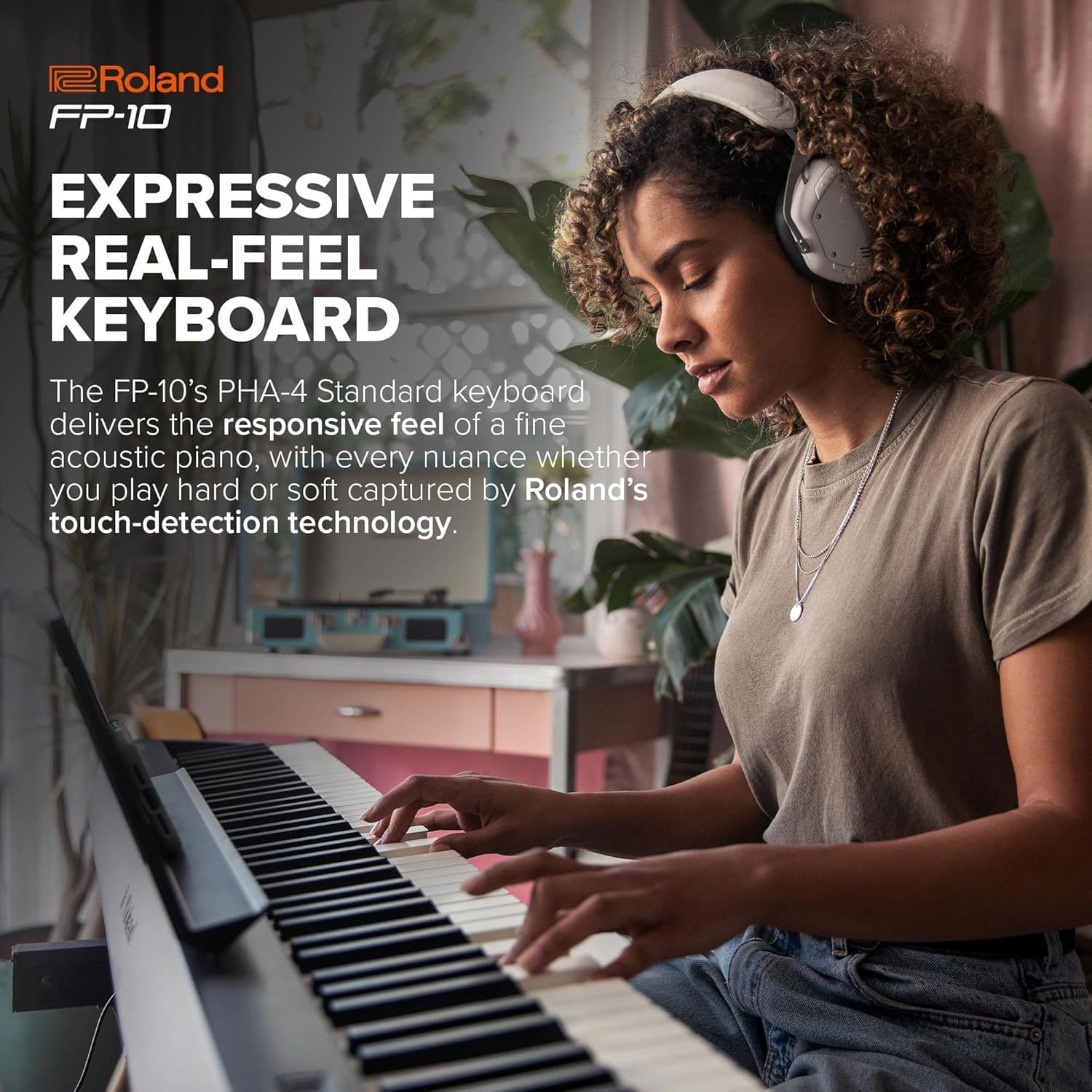 Roland FP-10 Tragbares Digital Piano Keyboard Schwarz mit keepdrum Kopfhörer