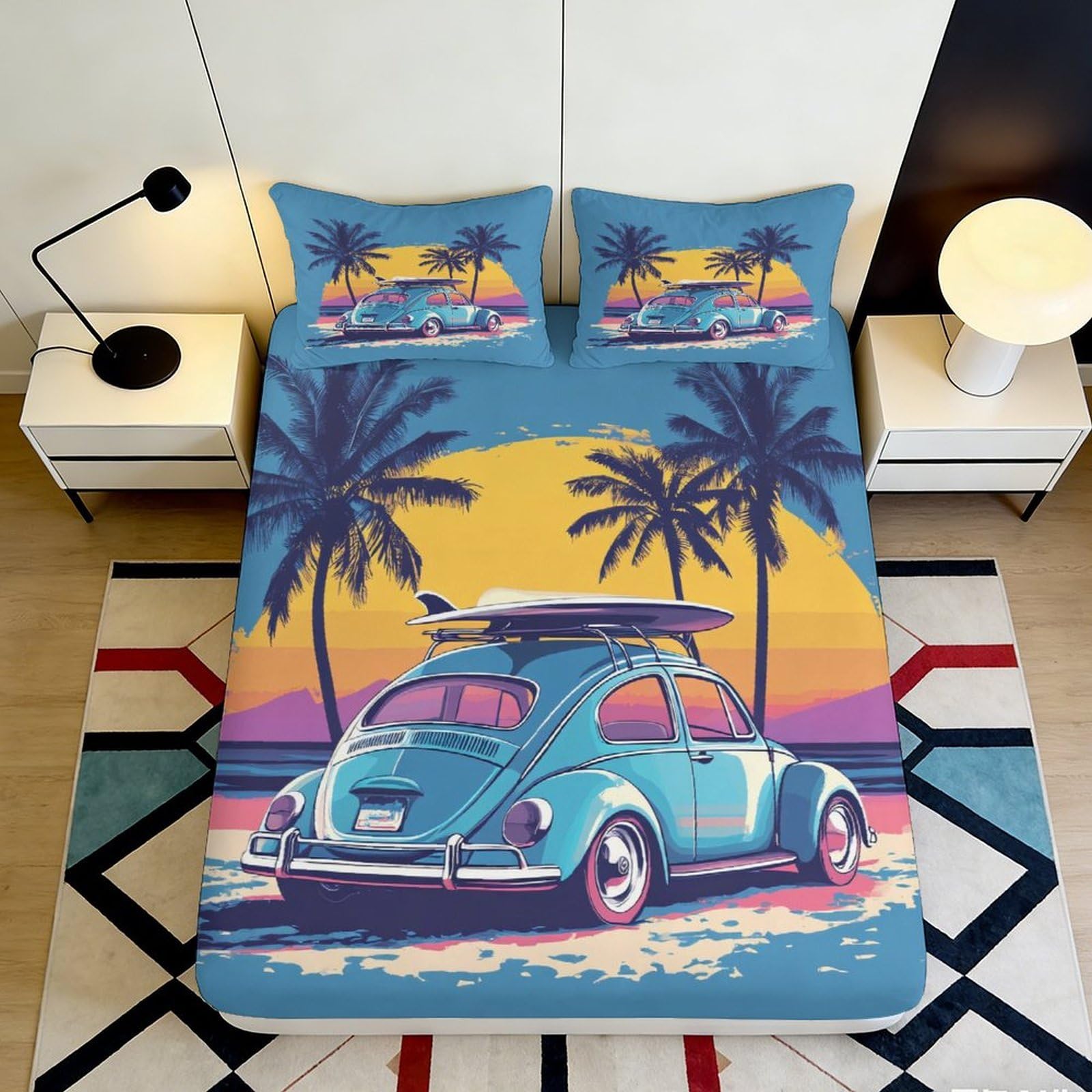 3D Printed Vintage Car Sunset Fitted Sheet Microfiber Soft Palm Tree Bed Cover for Bedroom Guestroom Decor 90x200x25cm