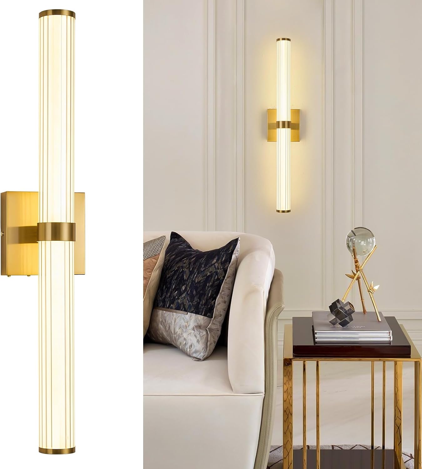Modern Gold LED Wall Sconce with 3 Color Temperatures, Slim Vertical Linear Wall Light for Bedroom Bedside Living Room Staircase Bathroom