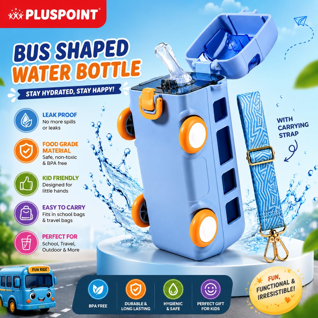 PLUSPOINT Bus Shape Water Bottle for Kids Detachable Straw with Shoulder Strap Leak-Proof Cartoon Water Bottle with Wheels (Color-Blue), Silicone, 500 ML — Amazon image 5