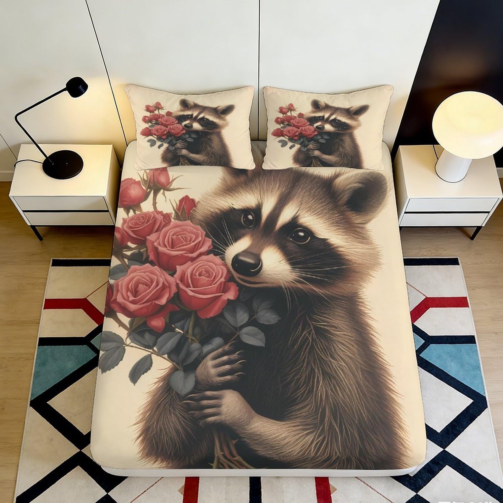 Uynsixtme Style-3 3D Printed Raccoon Rose Fitted Sheet Microfiber Deep Pocket Non-Slip Bedroom Bedding Raccoon Rose Mattress Fitted Cover Washable Home 140X200x25cm