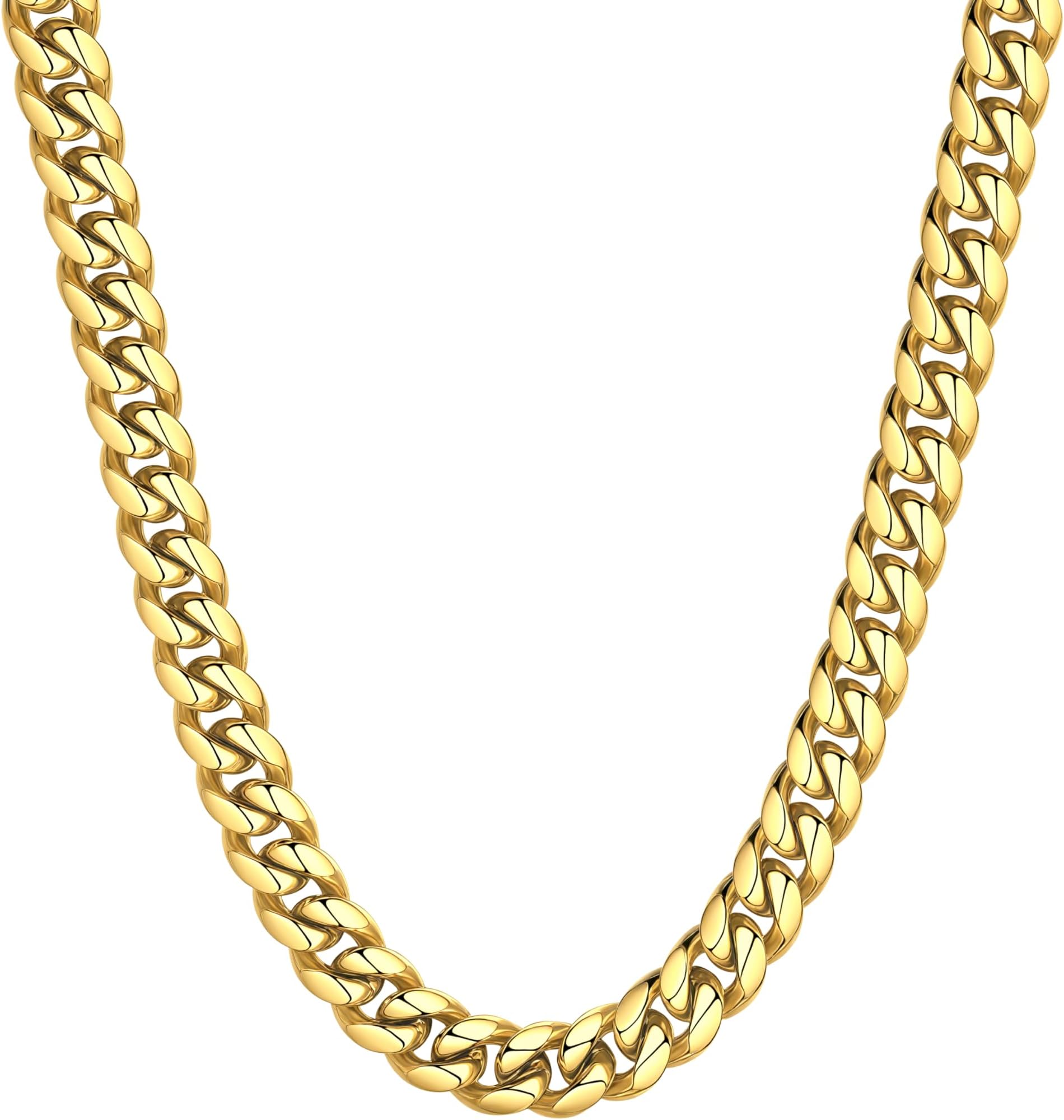 ChainsHouse Miami Cuban Link Chain Necklace for Men, 4.8mm/6mm/10mm/14mm Width, 14K Gold Plated/Stainless Steel/Black Mens Chunky Hip Hop Necklace Curb Chains, 14"-30" Length, Come Gift Box