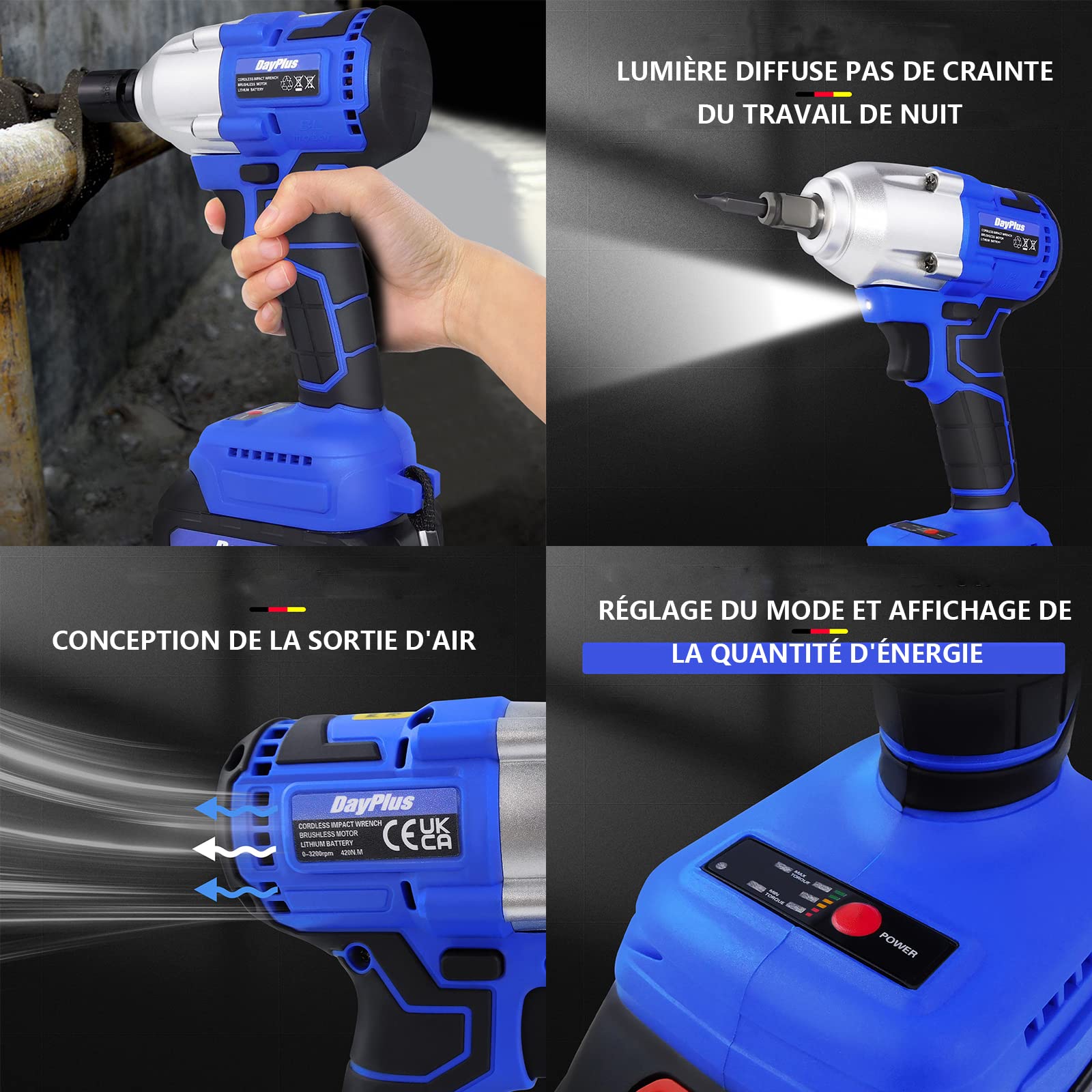 Clé à Chocs, 420Nm Clé à Chocs Sans Fil Brushless, 21V Visseuse à Chocs, Boulonneuse a Choc Électrique avec 6.0Ah Batterie, Visseuse à Chocs D'impact avec 4 Douilles, pour Retrait des Boulons de Roue