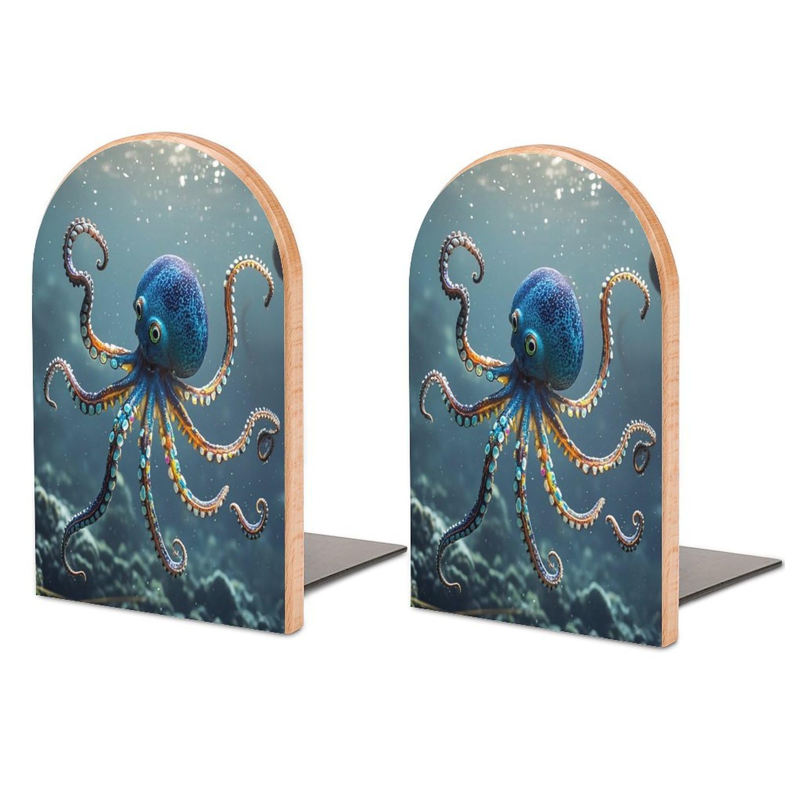 Octopus Bookends 1 Pair Heavy Duty Book Ends for Shelves Non-Skid Bookend Supports Wooden Book Holders with Metal Base Desk Organizers Books Storage to Hold Books