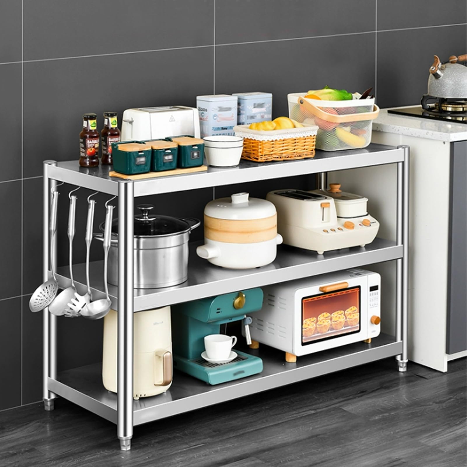 Scaffale da cucina regolabile a 3 ripiani in acciaio inox, multiuso, per microonde, pentole, padelle e mense (90 x 30 x 80 cm), soluzione salvaspazio
