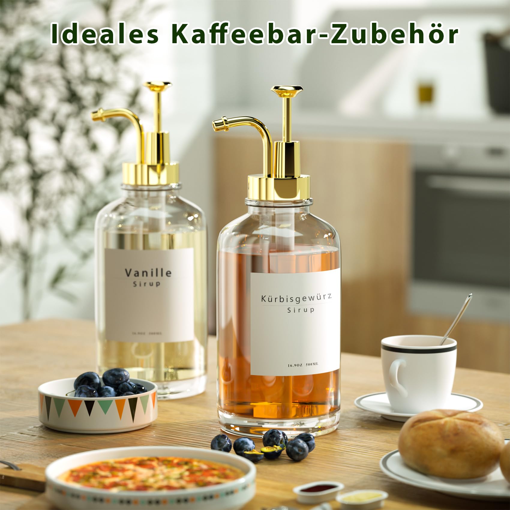 Dispenser per Sciroppo di Caffè, Accessori Bar, Erogatore con Pompa, 58 Etichette, 500 ml, Set da 2 Pezzi