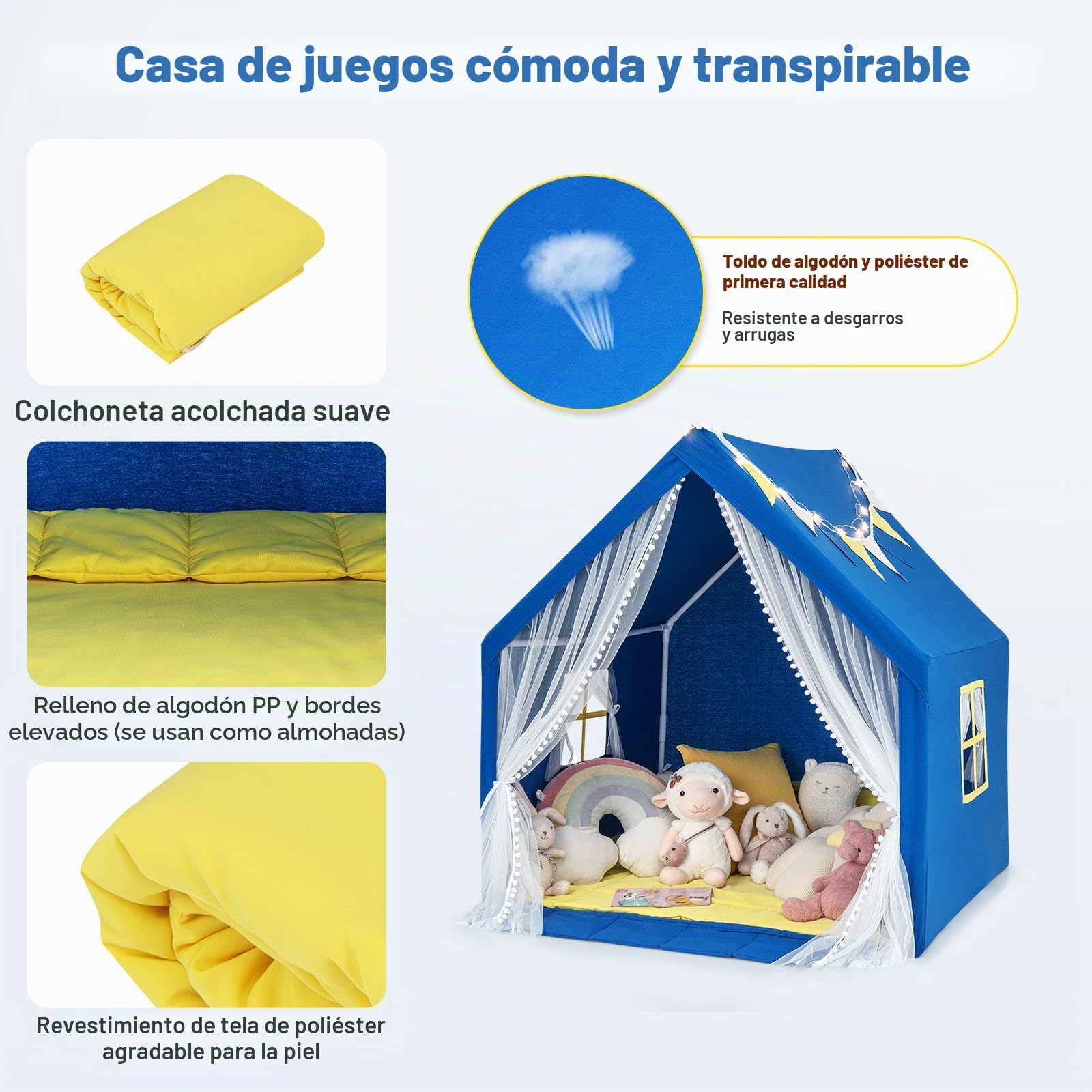 HOMASIS Tienda Campaña para Niños, Carpa Infantil, Casita Interior con Luces Estrellas y Alfombra de Algodón, Cortina de Gasa y Bolsillo Lateral, Cabaña de Juego para 2 Niño,122x105x125cm (Azul)