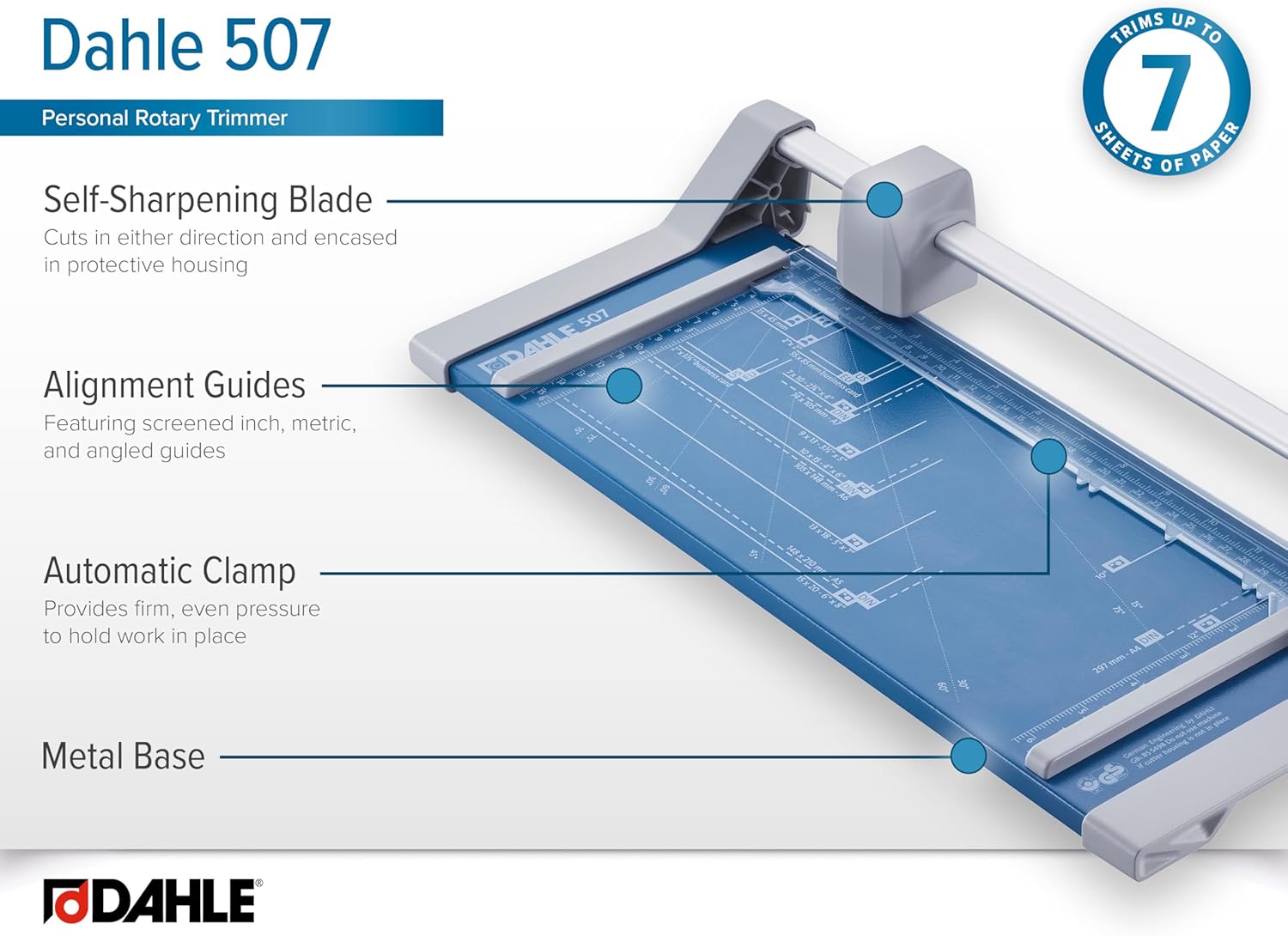 Dahle 507 Personal Rotary Trimmer, 12" Cut Length, 7 Sheet Capacity, Self-Sharpening, Automatic Clamp, German Engineered Paper Cutter