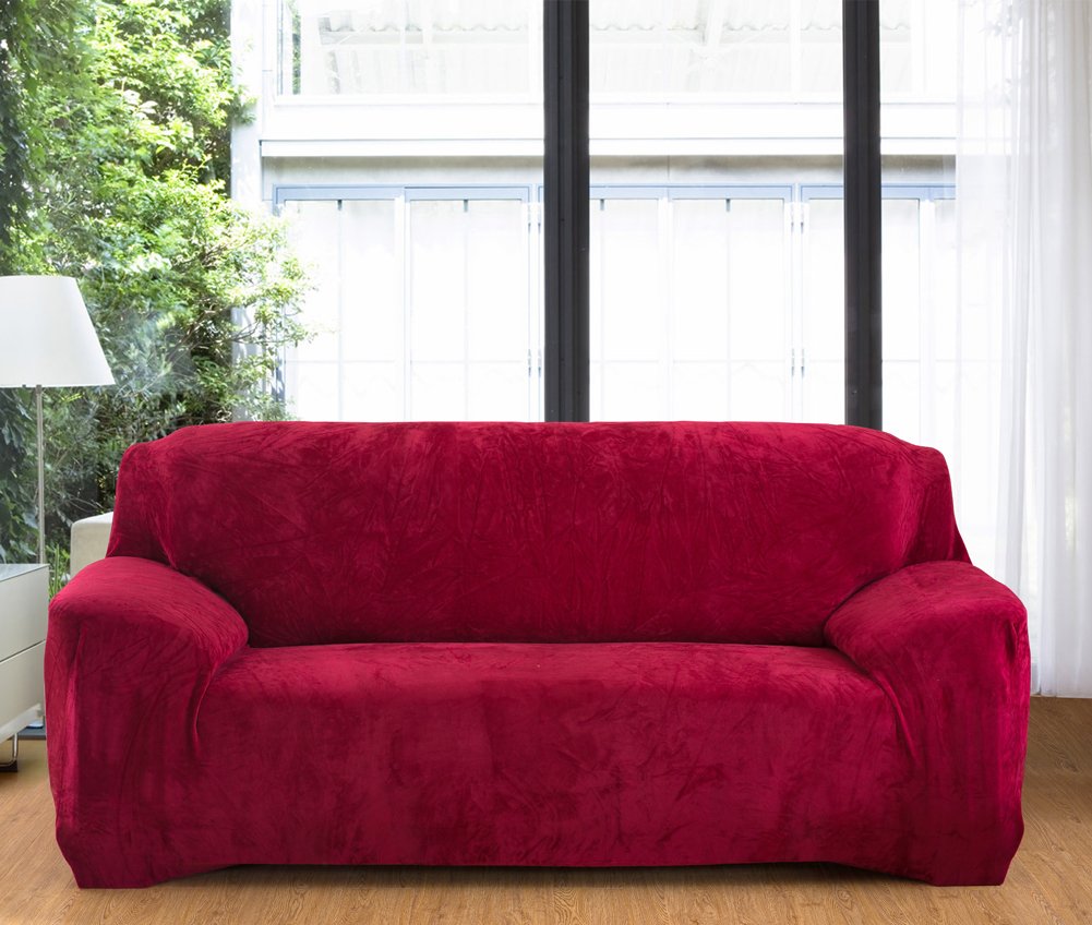 Miękkie pokrowce na sofę 1/2/3/4-osobowa sofa ochraniacz aksamit łatwe dopasowanie elastyczny materiał elastyczny gruby pokrowiec na kanapę (3-osobowa: 195-230 cm, czerwone wino)