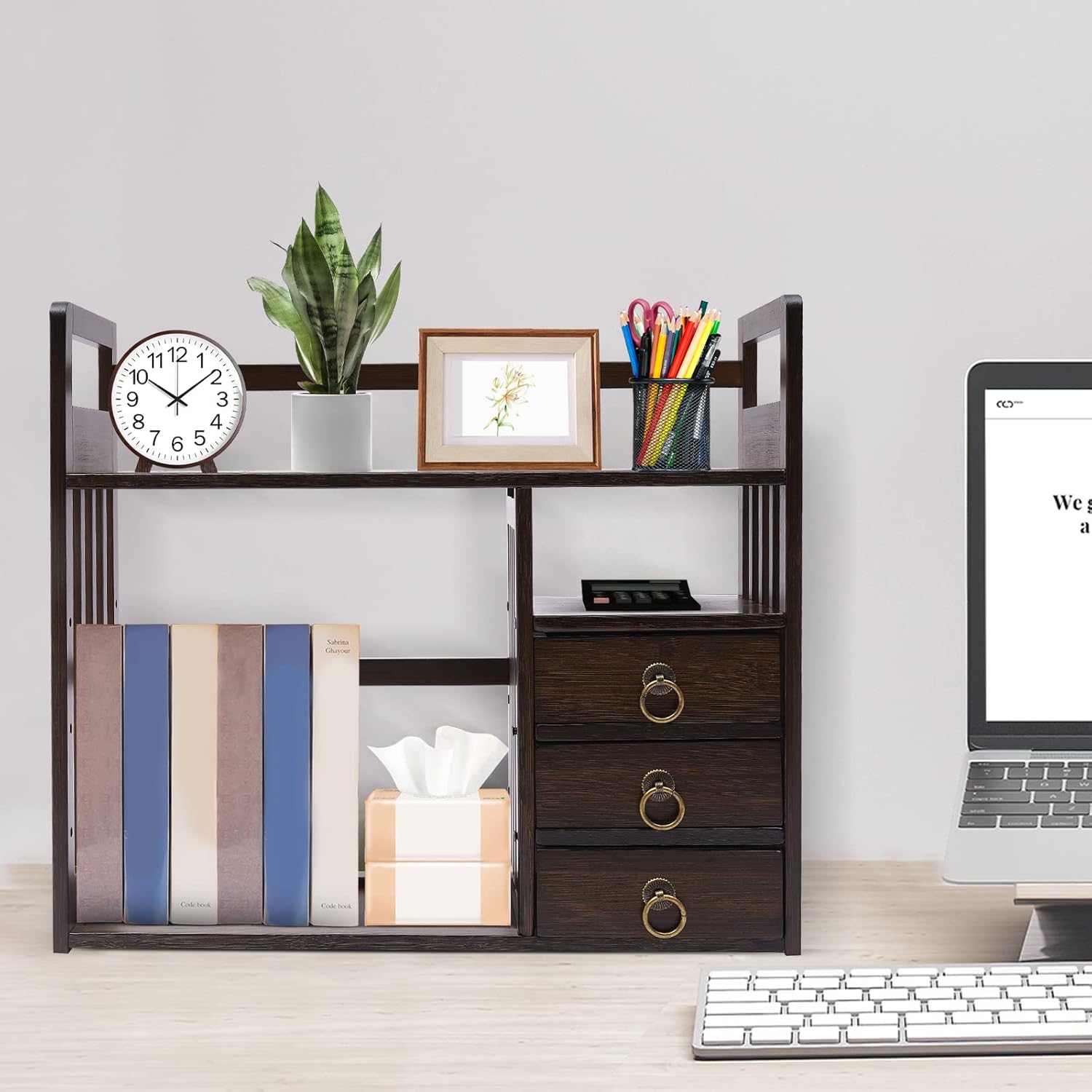 Wood Desktop Bookshelf Bamboo Bookshelf Organizer Desk Rack Storage Shelves w/3 Drawers Office for Top of Desk, Desk Hutch Desktop Book Shelf Home Office Bedroom Sturdy, Brow