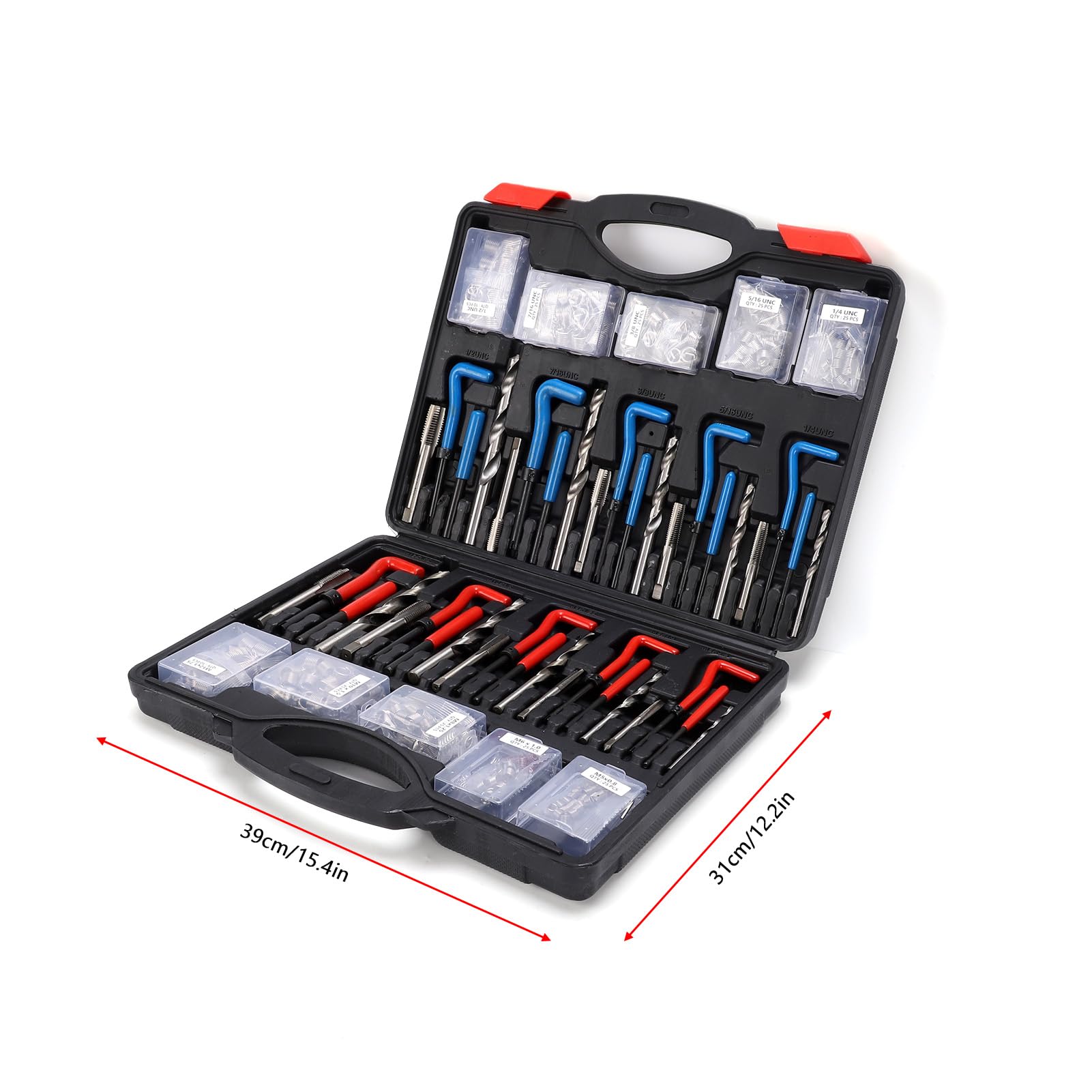 Kit di riparazione filettature, set di riparazione filettature per viti automobilistiche da 261 pezzi con inserti in acciaio, SAE e METODO metrico da M5 a M12, da 1/4 a