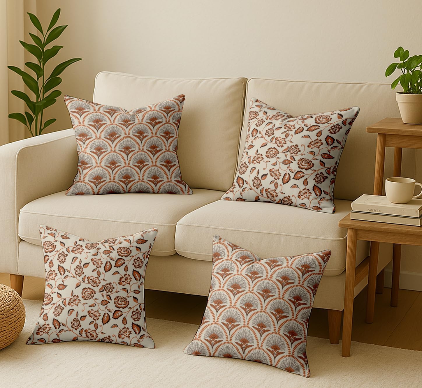 16x16 Inch Cushion Covers Set of 4 - Premium Cotton, Floral Print, Reversible Printed Pillow Covers with Concealed Zipper - Brown