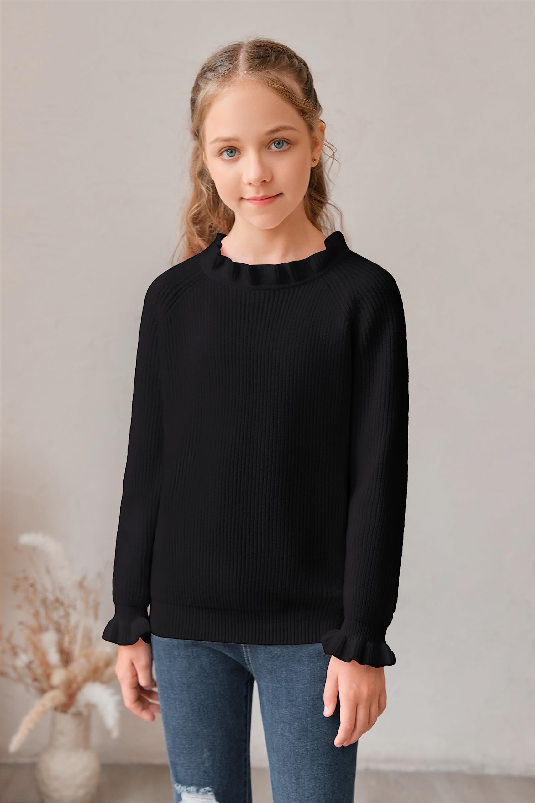 Haloumoning Maglione da ragazza, a maniche lunghe, con scollo rotondo, a volant, per bambini, invernale, lavorato a maglia