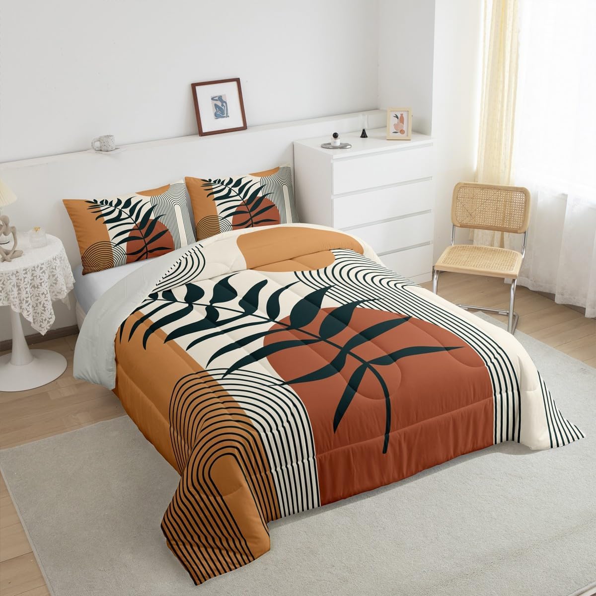 Boho Sun and Leaves Kids King Comforter Sets,Mid Century Modern Bedding Set for Adults Men Teens Woman,Abstract Geometric Lines Quilt Set 3 PCS,Modern Minimalist Duvet Insert,2 Pillow Cases