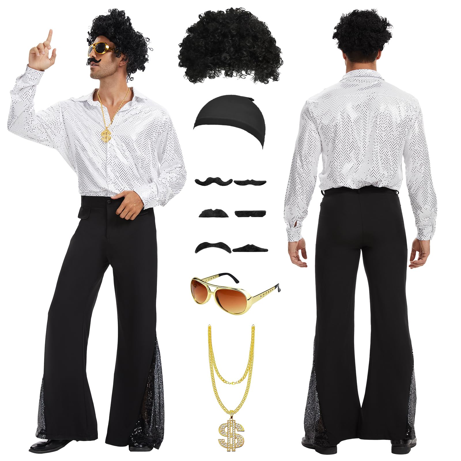 PORJDN Disco Costume for Men, 70s Hippie Outfit with Afro Wig and Accessories, 1970s Retro Party Shirt, 80s Disco Fancy Dress for Halloween Theme Parties (Silver, 2XL)
