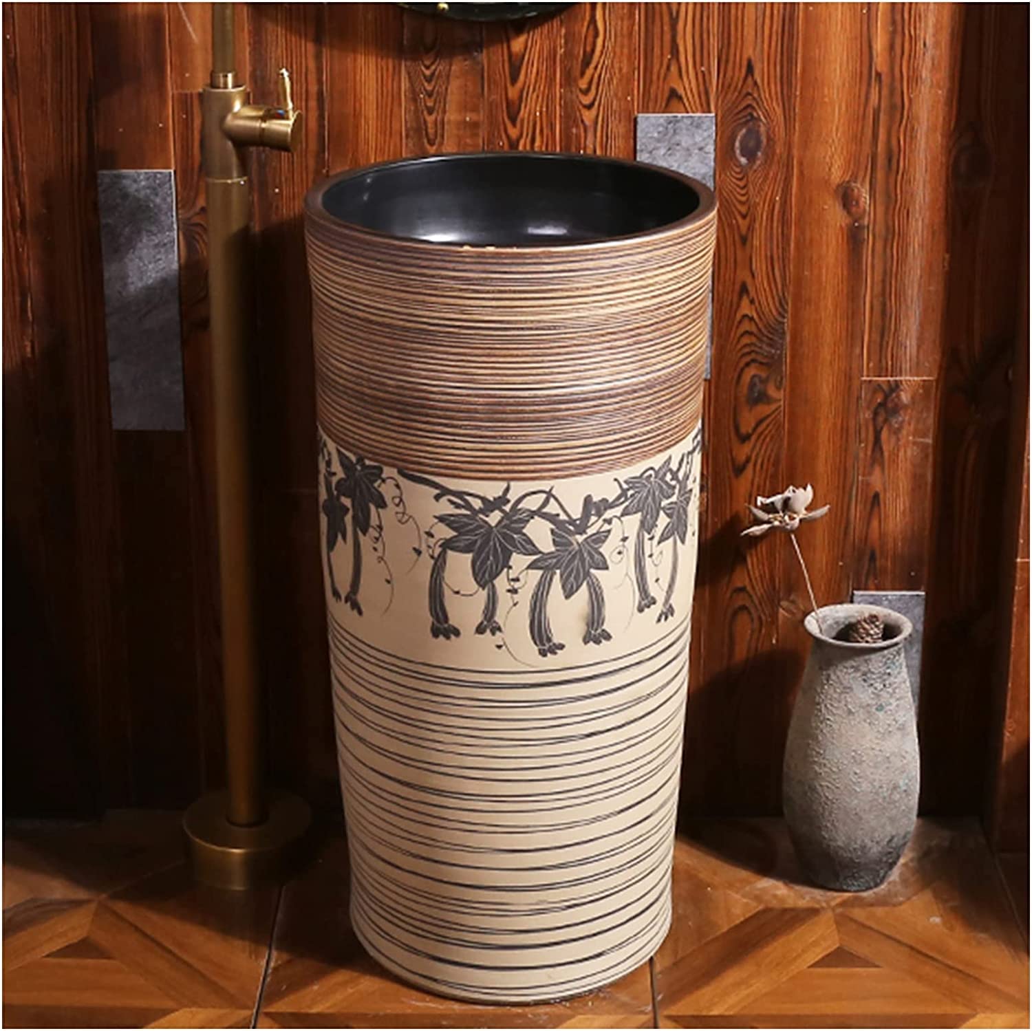 OLSKFUH Freestanding Pedestal Sink Floor Standing Art Sink Pedestal Sink Handcrafted Ceramic Wash Basin Pedestal Washbasin Kaolin Clay Round Freestanding Sink With Drain & Faucet,B-With mirror