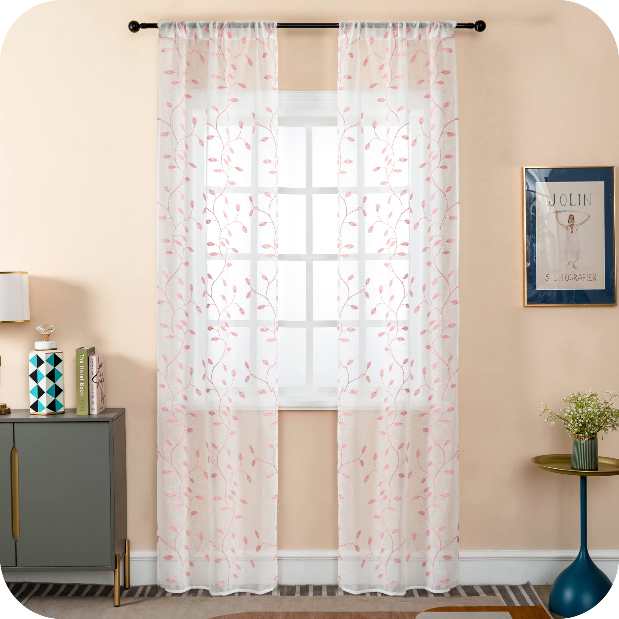 Paire de rideaux filtrants haut de gamme aspect lin rose 70 x 235 cm