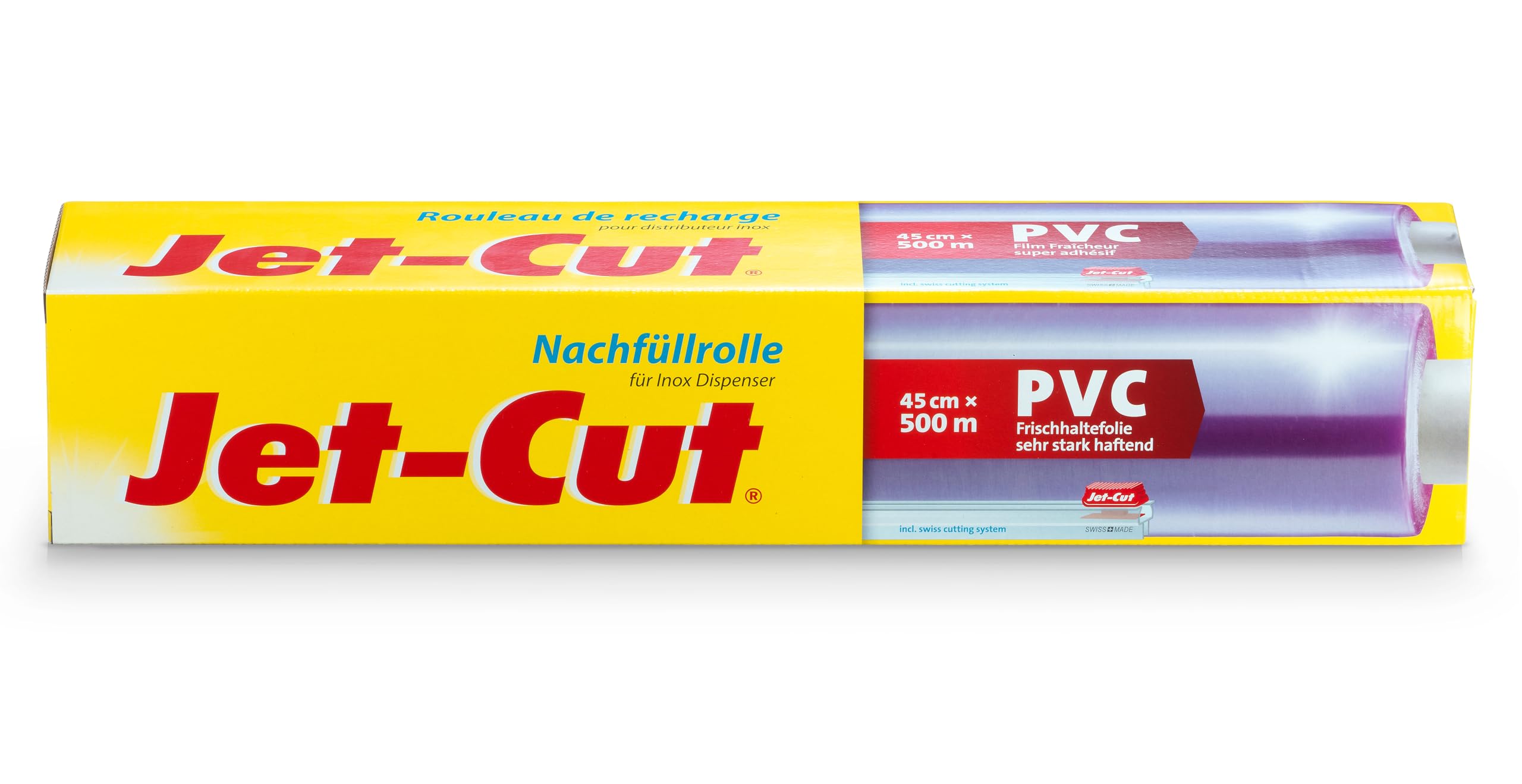 Jet-Cut Frischhaltefolie Nachfüllrolle 45 cm x 500 m, Inox Dispenser | Schneiden statt Reißen, 8,5 µm, mit neuem Cutter, Gastro-Profifolie transparent