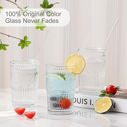 Miniatura 3 de Juego de 6 vasos de vidrio vintage para beber, vasos de agua de vidrio con textura transparente con diseño de flores, vasos de agua a rayas en