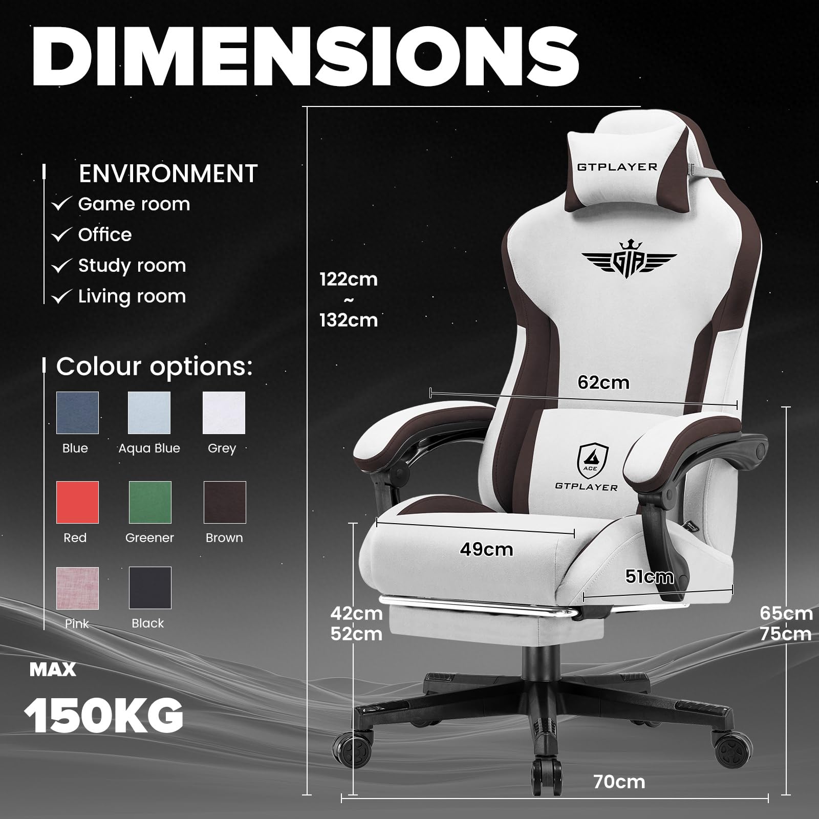 GTPLAYER Sedia da gaming, ergonomica, in Tessuto tecnico, con supporto lombare, sedia PC con schienale allargato, portata fino a 150 kg, marrone