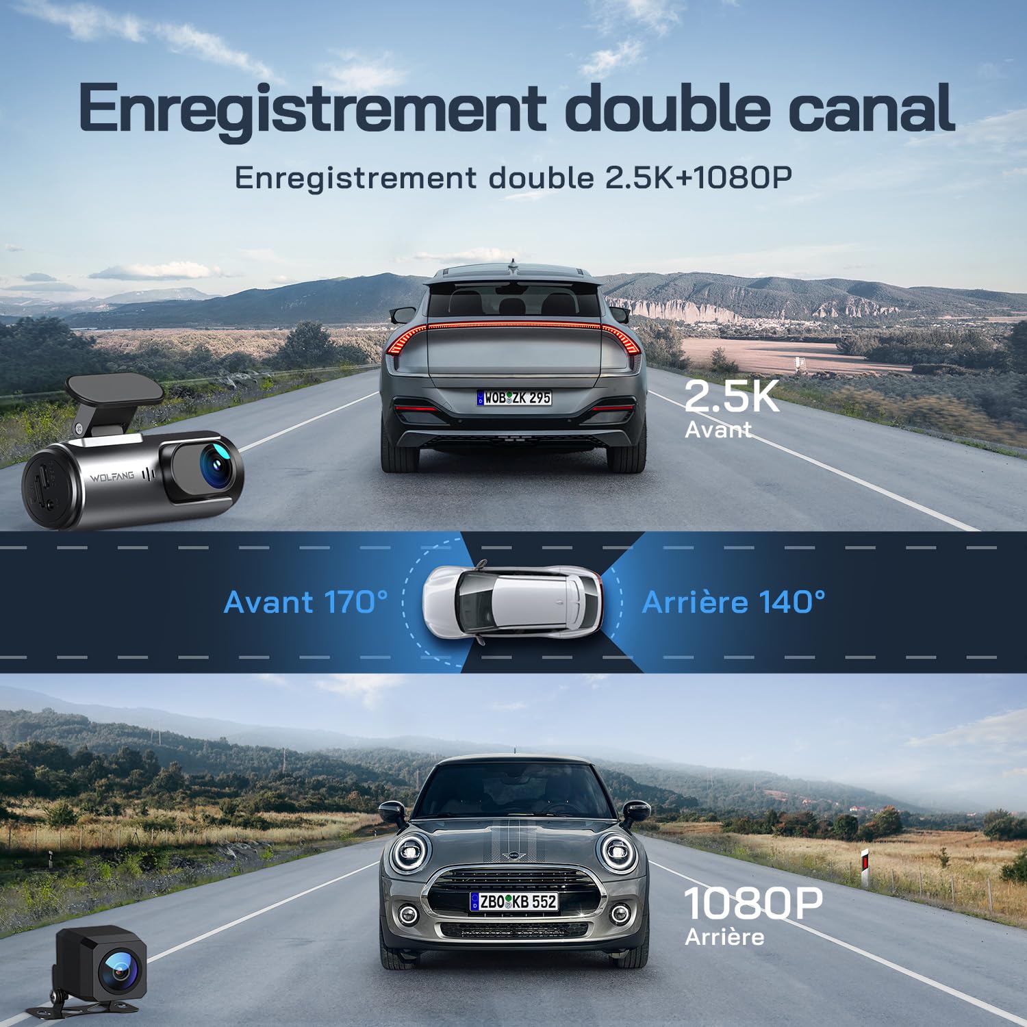 WOLFANG 4K Dashcam Voiture Avant Arrière, Wi-FI Caméra Voiture, Grand Angle 170°, G-Capteur, Mode Stationnement 24H, Vision Nocturne, Enregistrement en Boucle