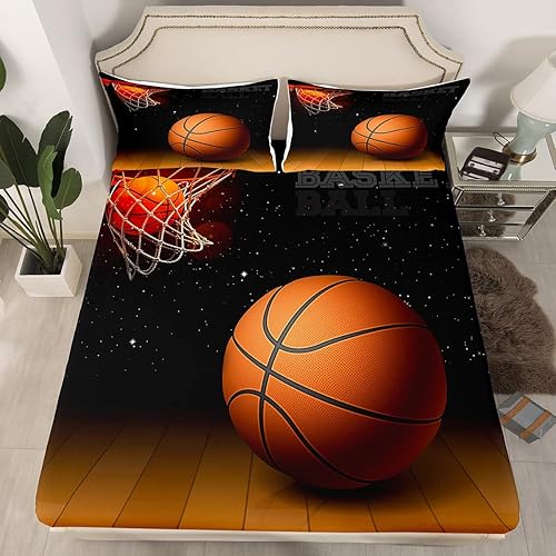 Miniatura 2 de Manfei Juego de sábanas de baloncesto para niños, tamaño individual, juego de ropa de cama temática deportiva para decoración de habitación de niños
