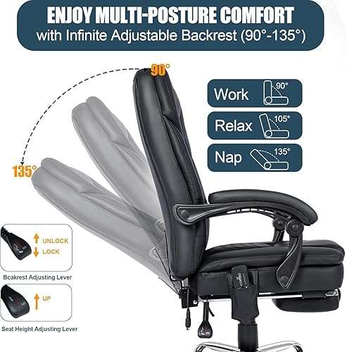 Miniatura 6 de Silla de oficina ejecutiva de cuero de 400 libras con diseño ergonómico y función reclinable, cómoda silla de escritorio para computadora