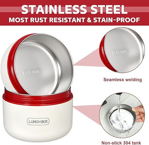 Miniatura 9 de Dandat 4 cajas Bento aisladas, contenedor portátil de acero inoxidable para alimentos, redondo, apto para microondas, apilable, a prueba de fugas,
